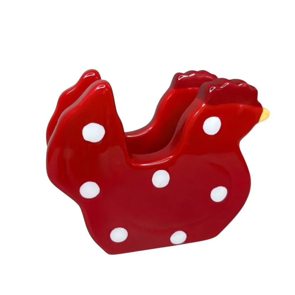 Sur La Table Red Polka Dot Chicken Ceramic Napkin Holder Farmhouse Kitchen Decor